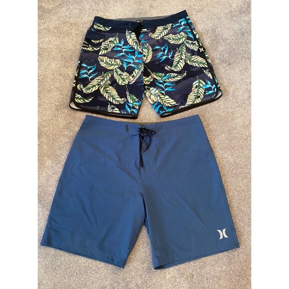 2 Pairs of Mens Hurley Board Shorts Blue & Tropical Print Size 38 - Picture 1 of 13